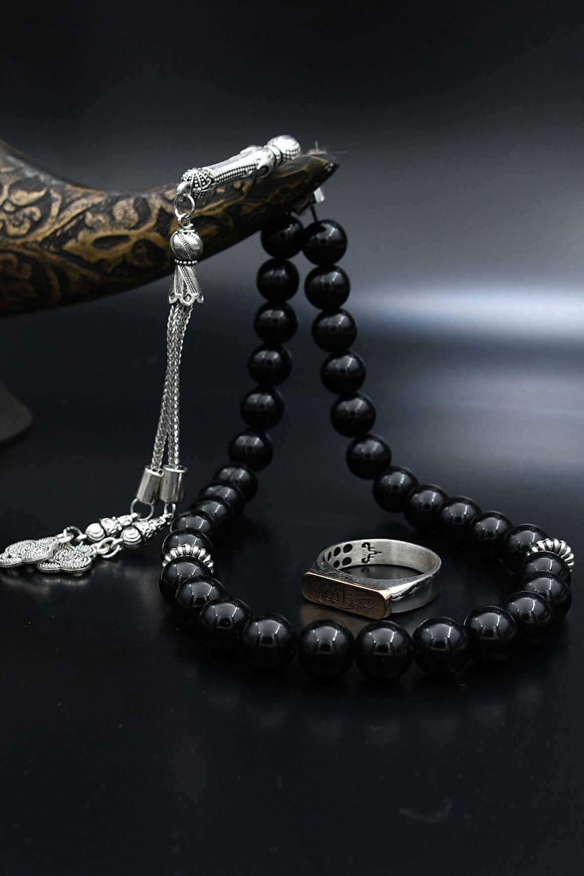 Doğal Oniks Taşlı Tesbih Ve 925 Ayar Gümüş Yüzük Hasbiyallah Allah Bana Yeter Arapça Yazlı 901945