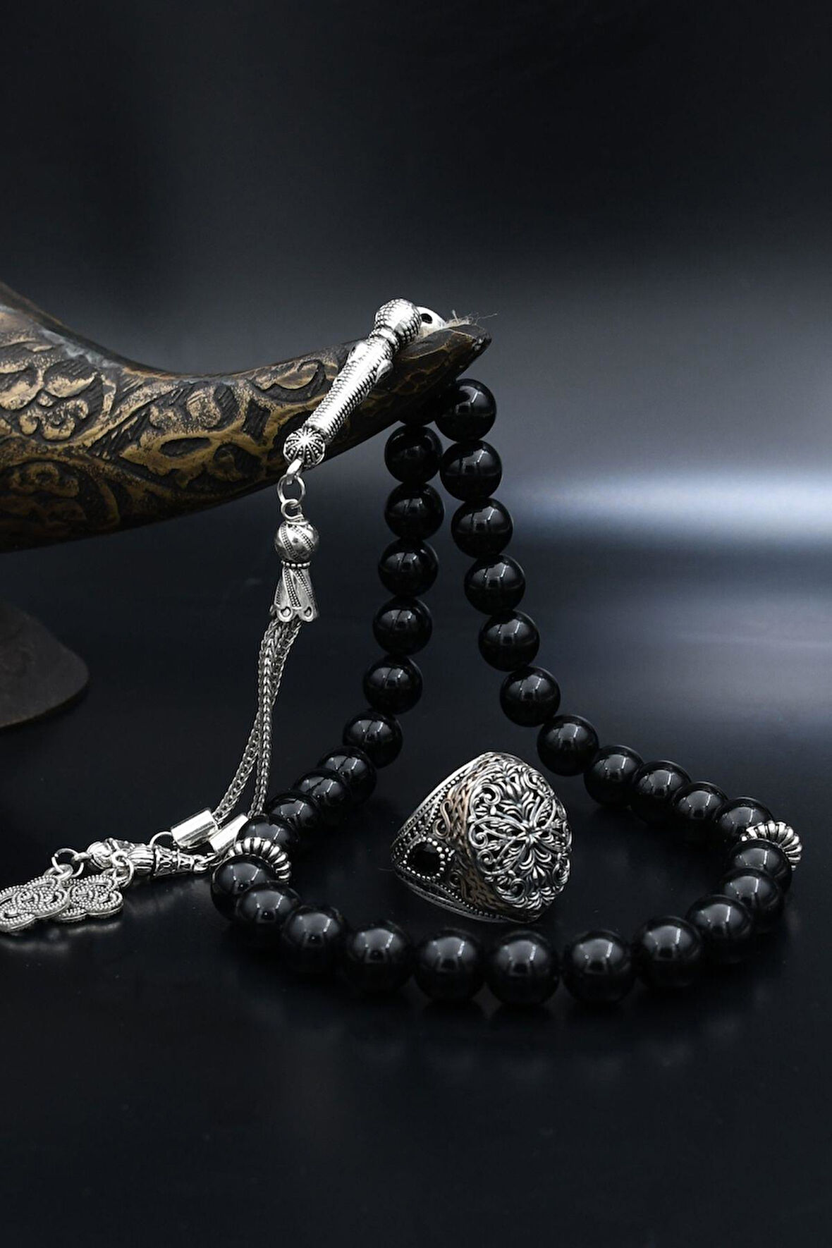 Doğal Oniks Taşlı Tesbih Ve 925 Ayar Gümüş Yüzük Örgü Tasarım 901946