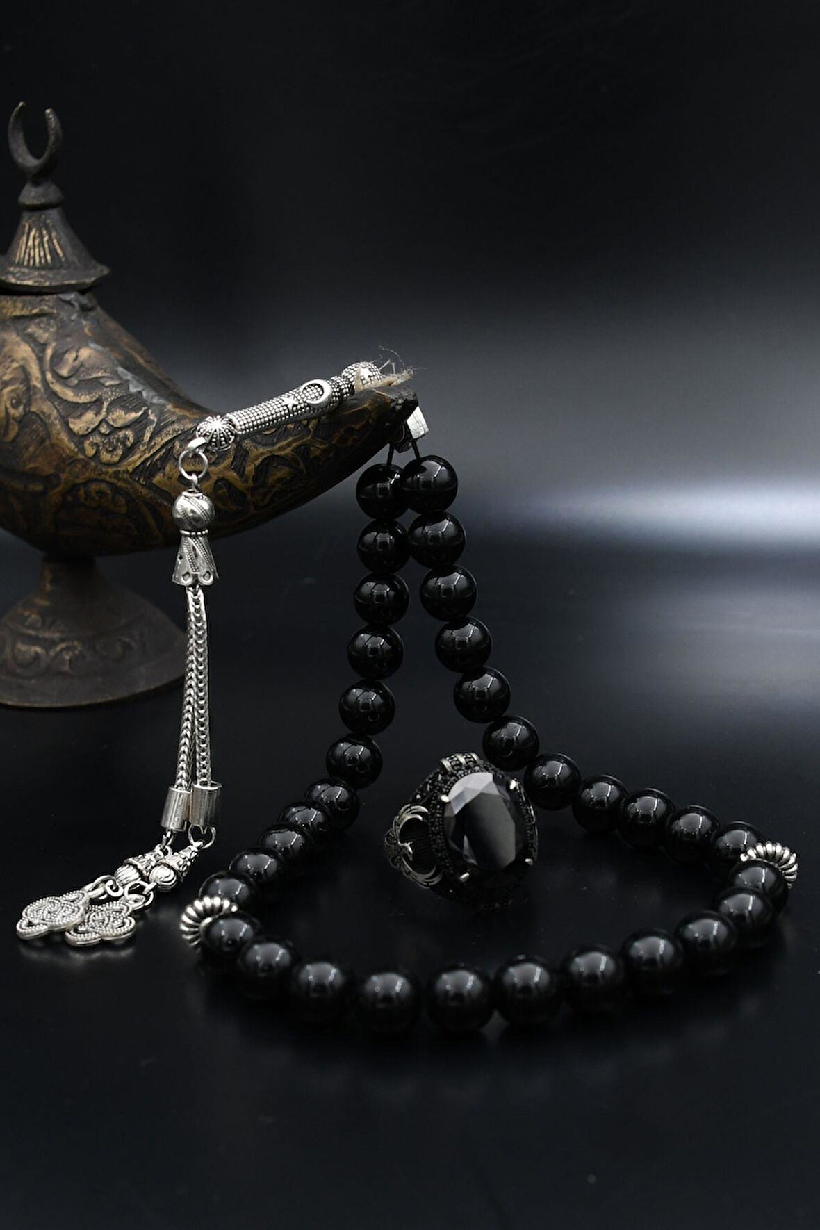 Doğal Oniks Taşlı Tesbih Ve 925 Ayar Gümüş Yüzük Kare Siyah Zirkon Taşlı 901950