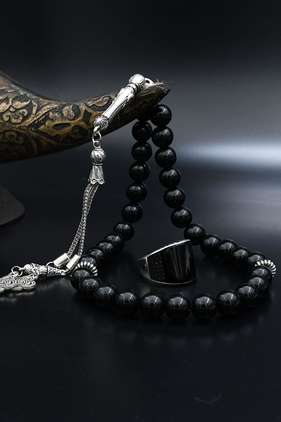 Doğal Oniks Taşlı Tesbih Ve 925 Ayar Gümüş Yüzük Oniks Taşlı Mikro Taş Süslemeli 901953