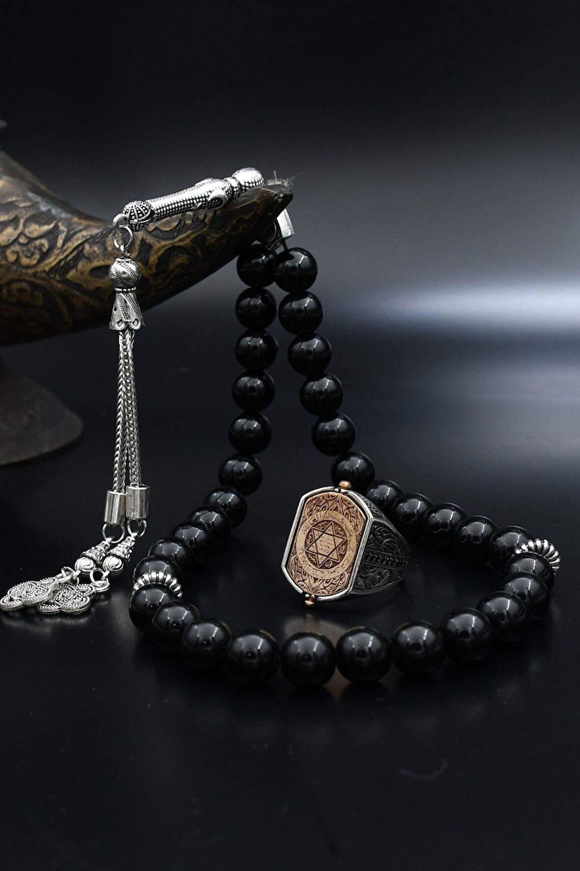 Doğal Oniks Taşlı Tesbih Ve 925 Ayar Gümüş Yüzük Hz. Süleyman Mührü Ve Ayetel Kürsi Çift Tarafli 901956