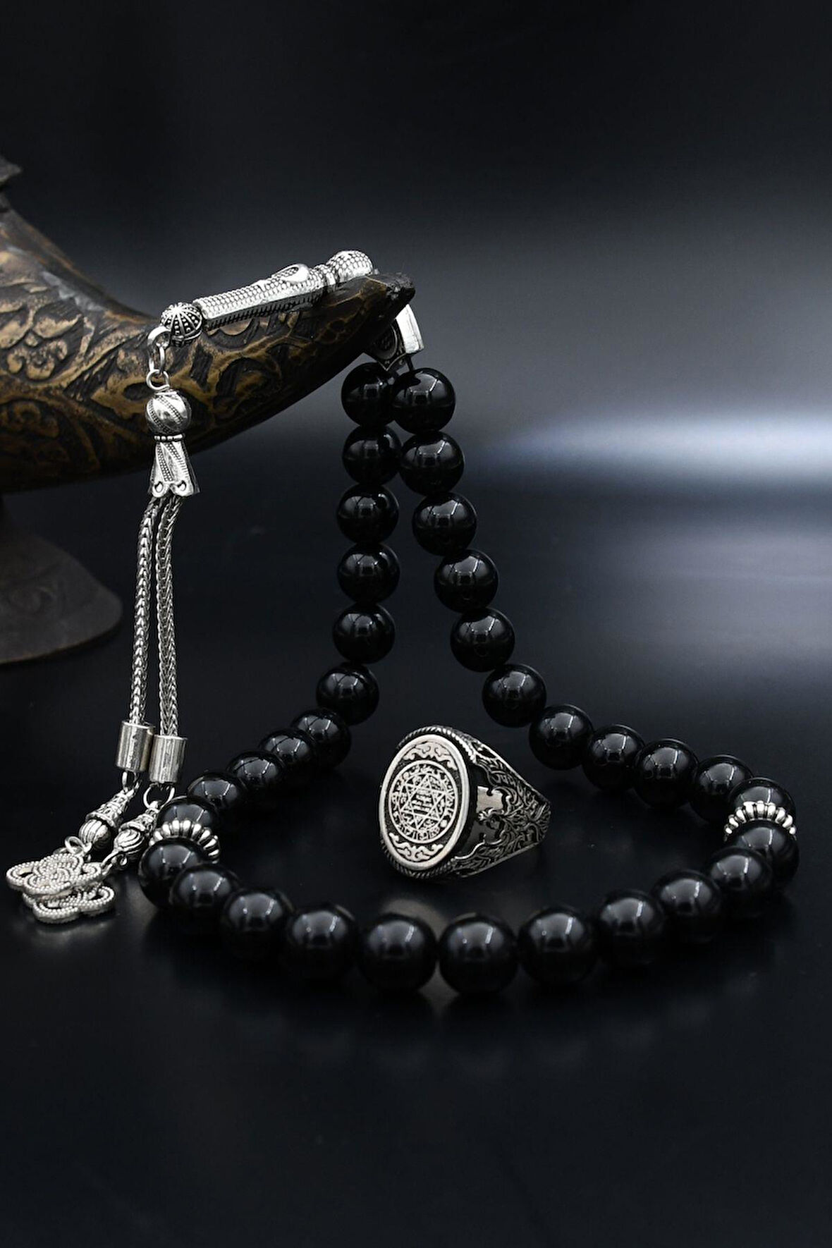 Doğal Oniks Taşlı Tesbih Ve 925 Ayar Gümüş Yüzük Hz. Süleyman Mührü Ve Anka Kuşu Figürlü 901958