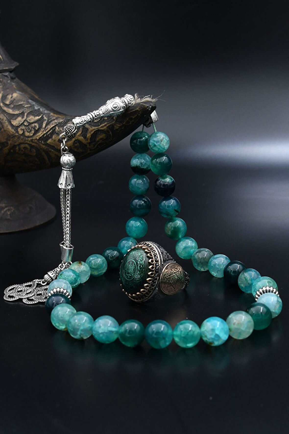 Doğal Damarlı Akik Taşlı Tesbih Ve 925 Ayar Gümüş Yüzük Özel Tasarım Nazar Duası ve Hz. Süleyman Mührü 901967