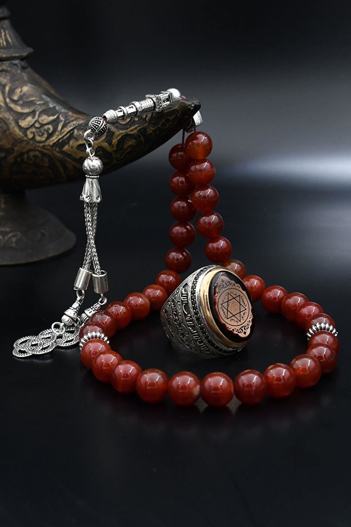 Doğal Akik Taşlı Tesbih Ve 925 Ayar Gümüş Yüzük Hz. Süleyman Mührü Sıkma Kehribar Taşlı 901970