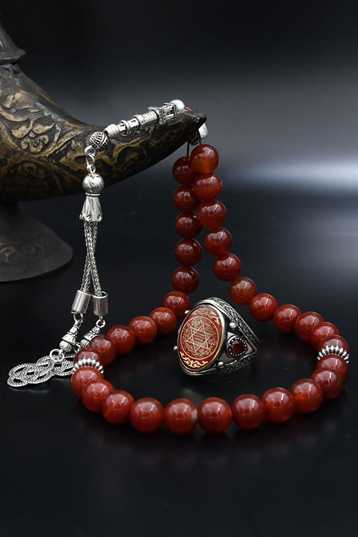 Doğal Akik Taşlı Tesbih Ve 925 Ayar Gümüş Yüzük Hz. Süleyman Mührü Mineli 901971