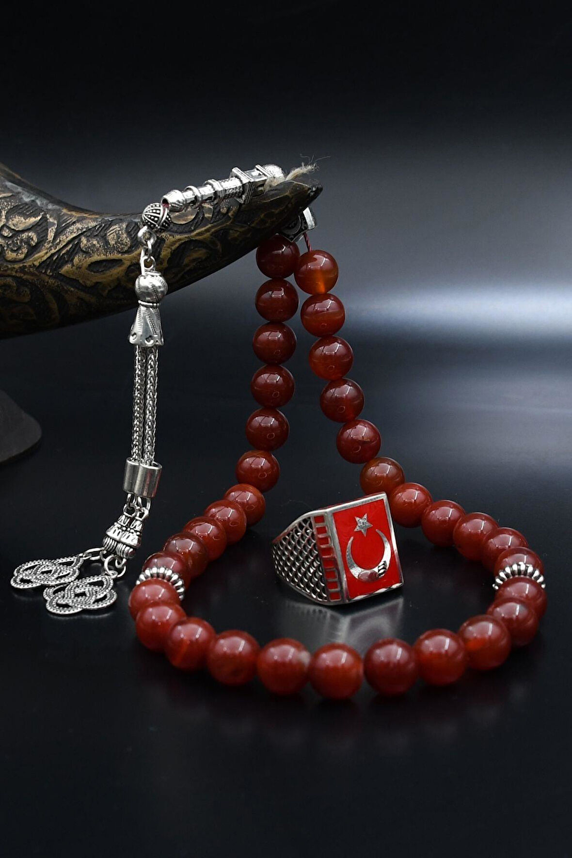 Doğal Akik Taşlı Tesbih Ve 925 Ayar Gümüş Yüzük Ay Yıldızlı (AYYILDIZLI) Mineli 901976