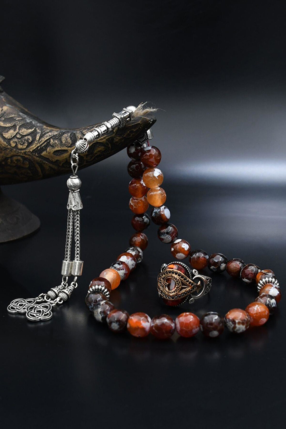 Doğal Damarlı Akik Taşlı Tesbih Ve 925 Ayar Gümüş Yüzük Ay Yıldızlı (AYYILDIZLI) Kırmızı 901978