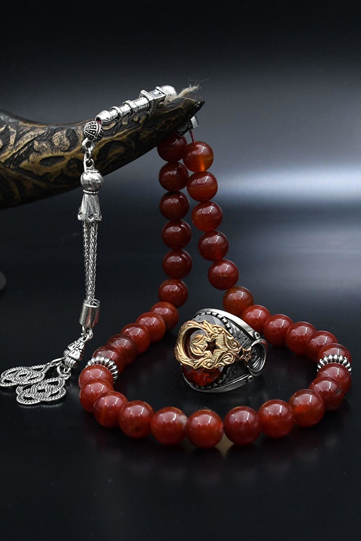 Doğal Akik Taşlı Tesbih Ve 925 Ayar Gümüş Yüzük Kırmızı Zirkon Taşlı Ay Yıldızlı (AYYILDIZLI) 901985