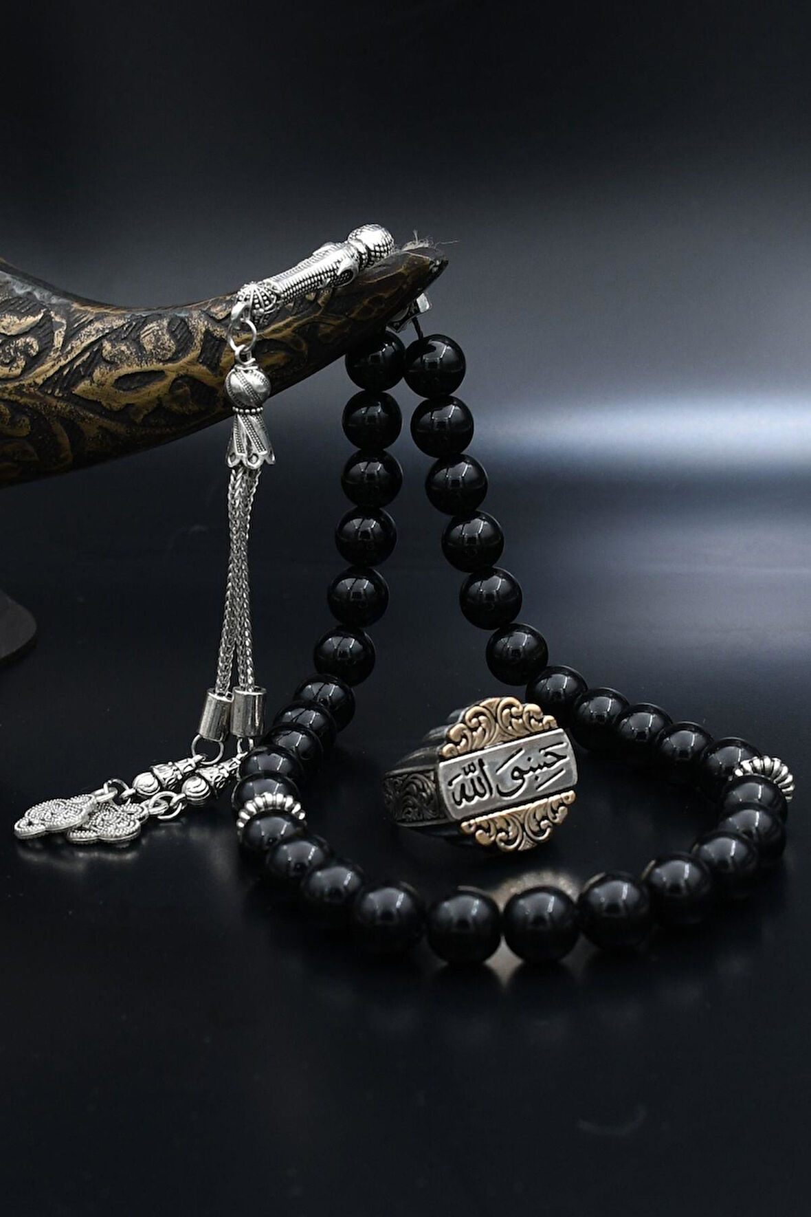 Doğal Oniks Taşlı Tesbih Ve 925 Ayar Gümüş Yüzük Hasbiyallah Yazılı (ALLAH BANA YETER) 901992