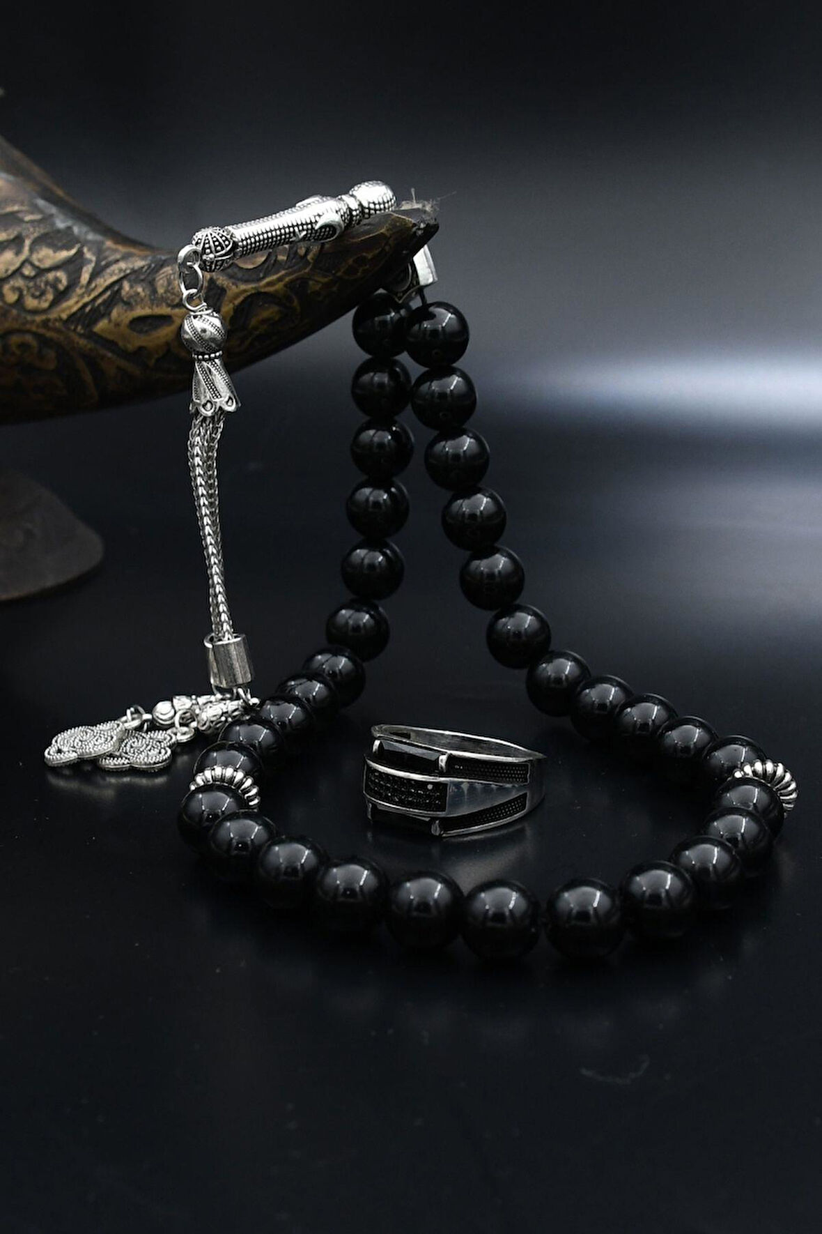 Doğal Oniks Taşlı Tesbih Ve 925 Ayar Gümüş Yüzük Siyah Baget Taşlı 901993