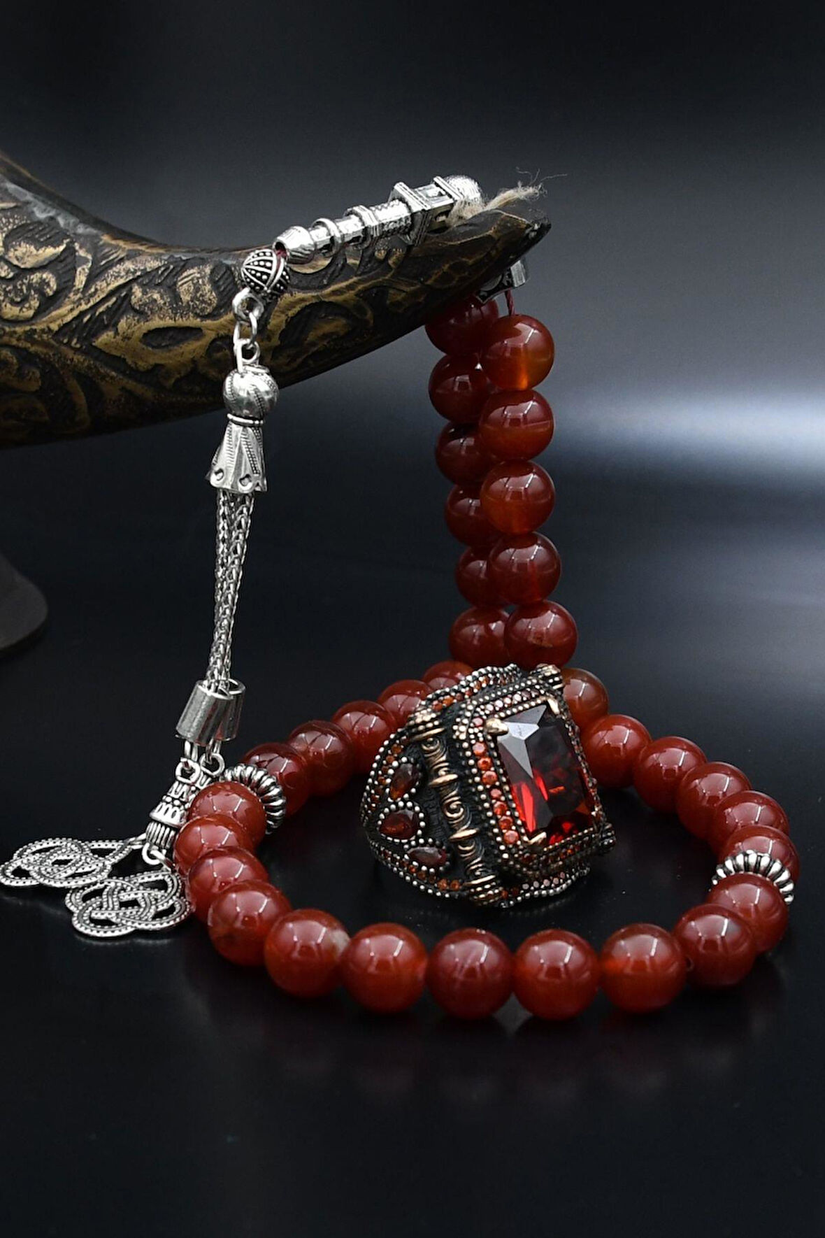 Doğal Akik Taşlı Tesbih Ve 925 Ayar Gümüş Yüzük Kırmızı Zirkon Taşlı 901994