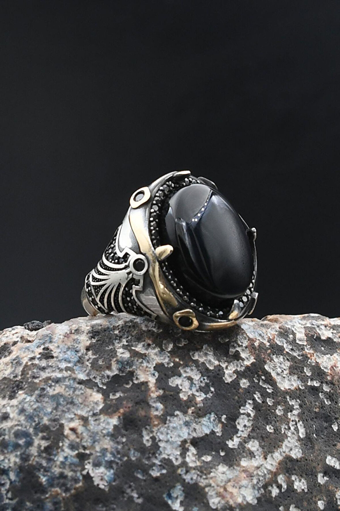 Siyah Oniks Taşlı 925 Ayar Gümüş Yüzük 902002