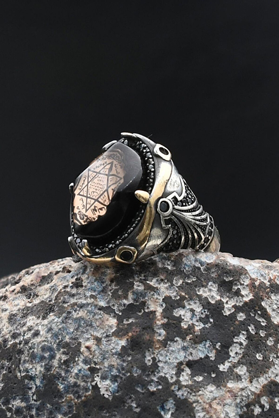 Hz. Süleyman Mührü 925 Ayar Gümüş Yüzük Sıkma Kehribar Taşlı 902005