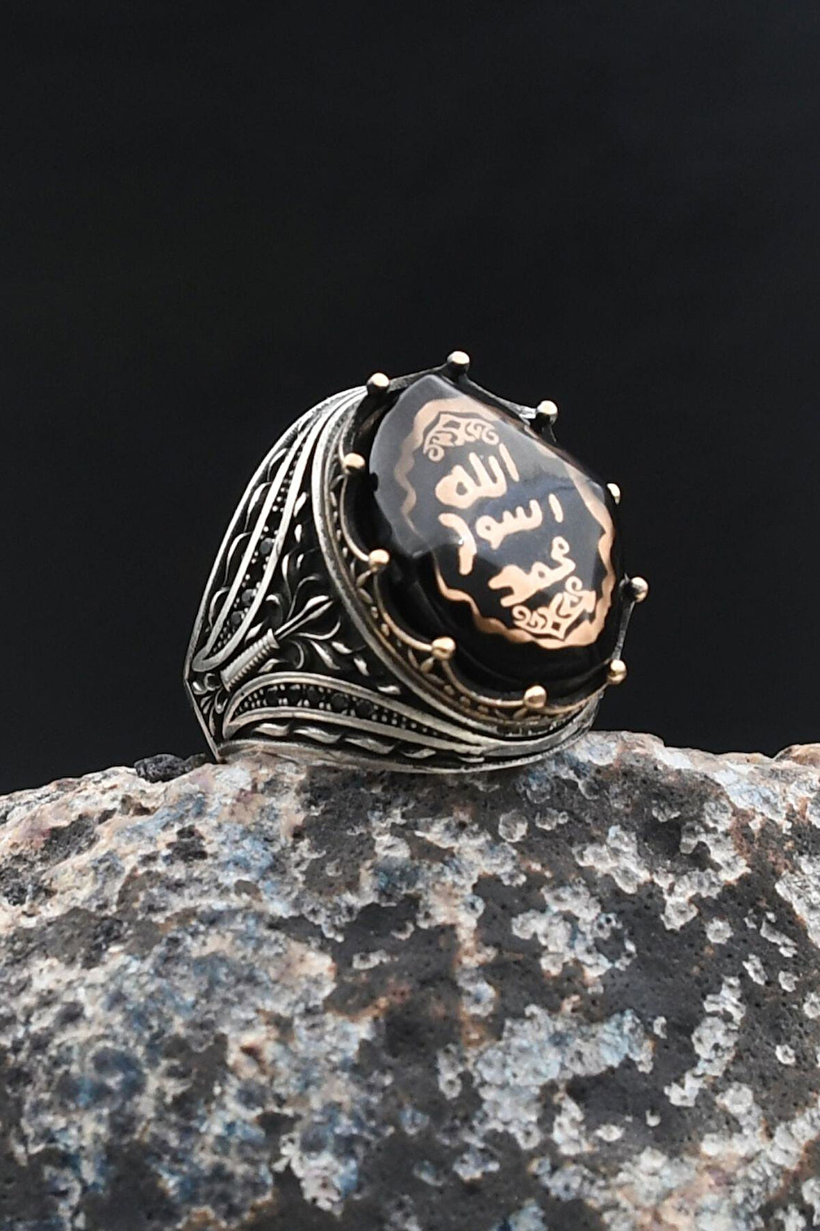 Sıkma Kehribar Taşlı Mührü Şerif 925 Ayar Gümüş Yüzük 902012