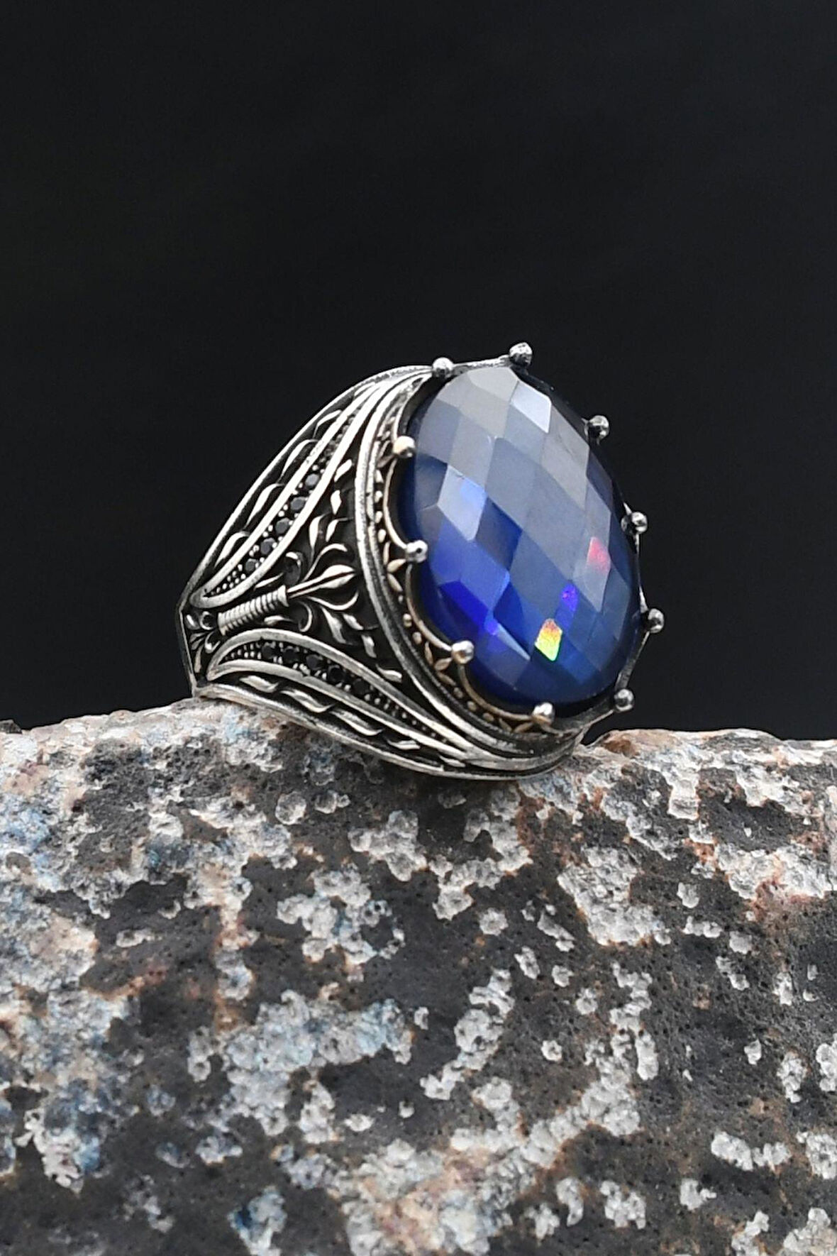 925 Ayar Gümüş Erkek Yüzük Lacivert Zirkon Taşlı 902016