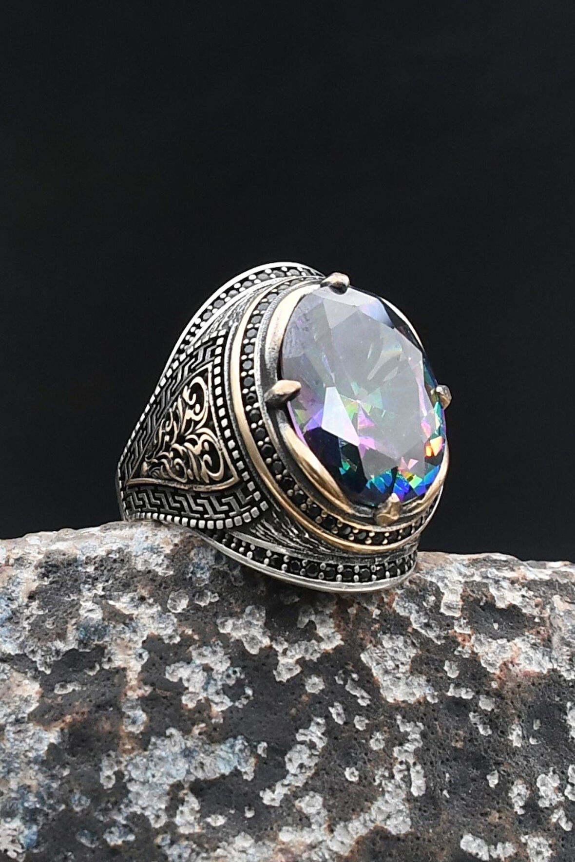 Mistik Topaz Taşlı Zirkon Taş Süslemeli 925 Ayar Gümüş Yüzük 902023