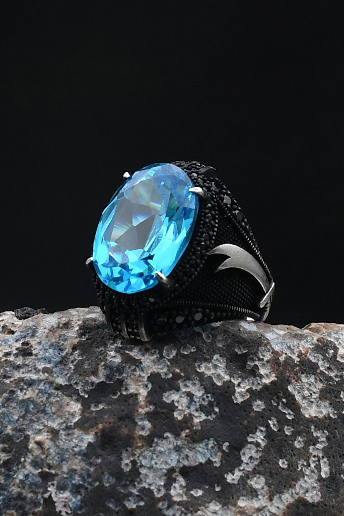 Hz. Ali Zülfikar Kılıcı ( AQUA MARİN ) Akua Marine Taşlı Taşlı Zirkon Taş Süslemeli 925 Ayar Gümüş Yüzük 902059