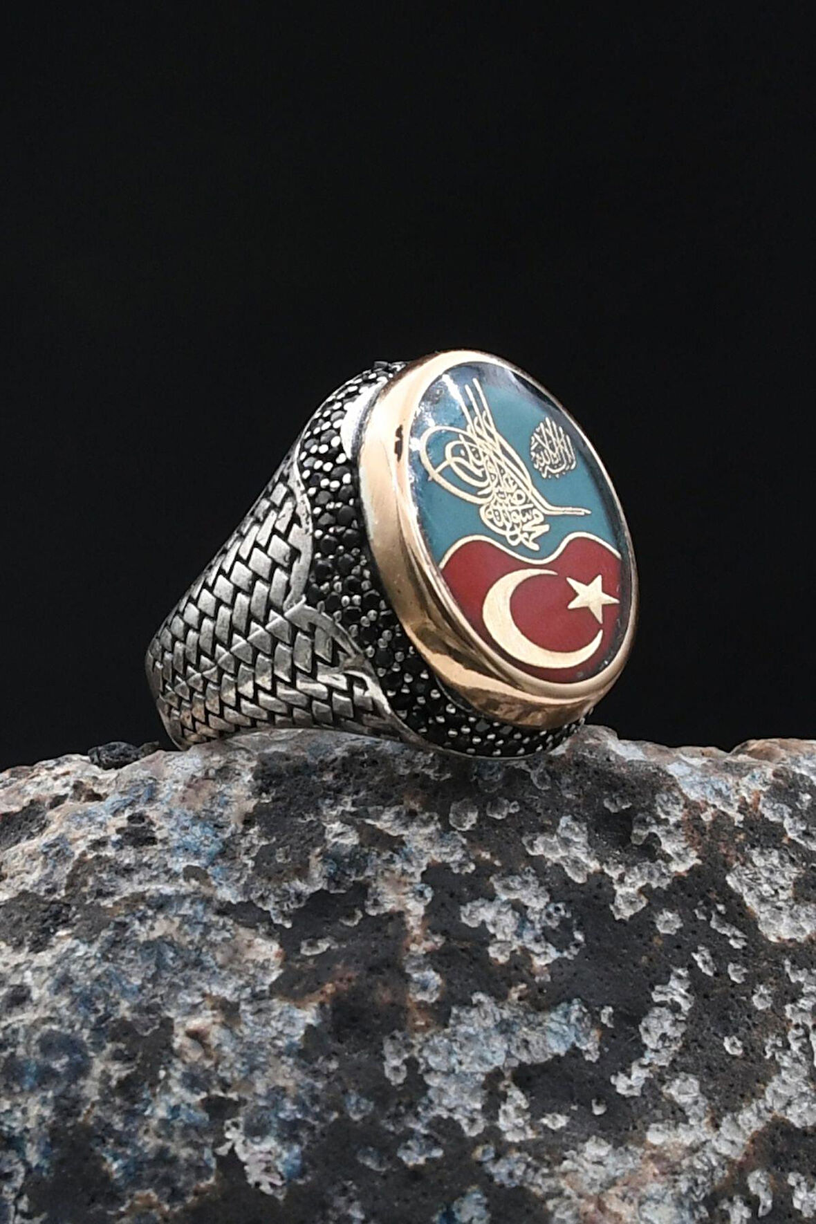 Osmanlı Tuğralı - Ay Yıldızlı - Kelime-i Tevhid Yazlı 925 Ayar Gümüş Yüzük 902061