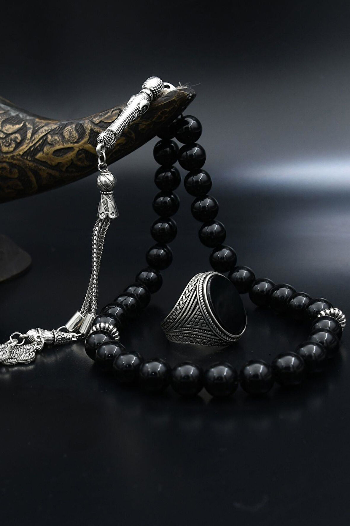 Doğal Oniks Taşlı Tesbih Ve 925 Ayar Gümüş Yüzük Oniks Taşlı 902063