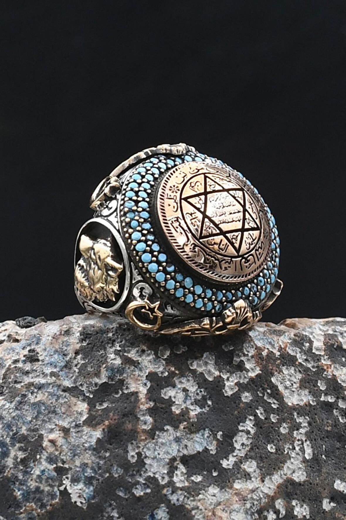 Özel Tasarım Hz. Süleyman Mührü ve Kurt ve Ay Yıldızlı (AY YILDIZ) 925 Ayar Gümüş Yüzük 902077