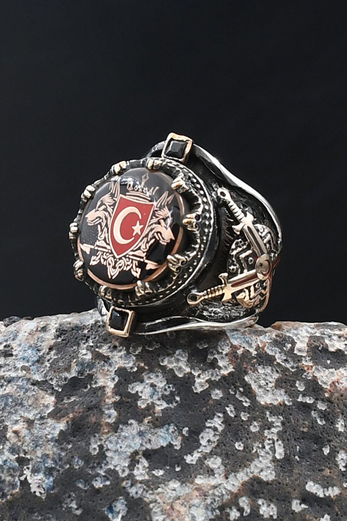 Özel Tasarım Bozkurt (Kurt) ve Ay Yıldızlı (Ay Yıldız ) 925 Ayar Gümüş Erkek Yüzüğü 902078