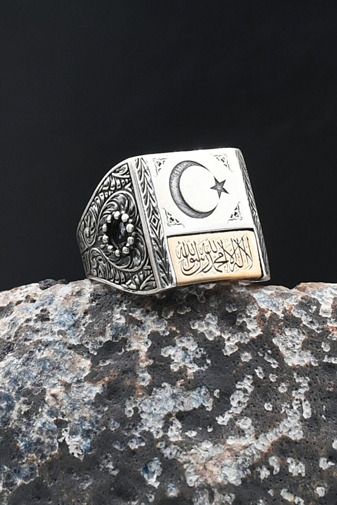 Kalem Işçilikli Kelime-i Tevhid Yazılı ve Ay Yıldızlı (AY YILDIZ) 925 Ayar Gümüş Yüzük 902080
