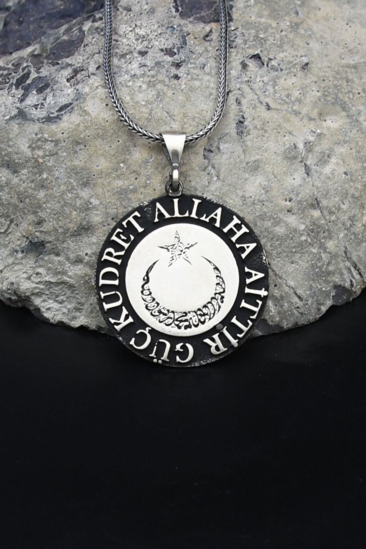 Ay Yıldızlı - Kelime-i Tevhid - Güç Kudret Allaha Aittir Yazlı 925 Ayar Gümüş Kolye Zincir 902123