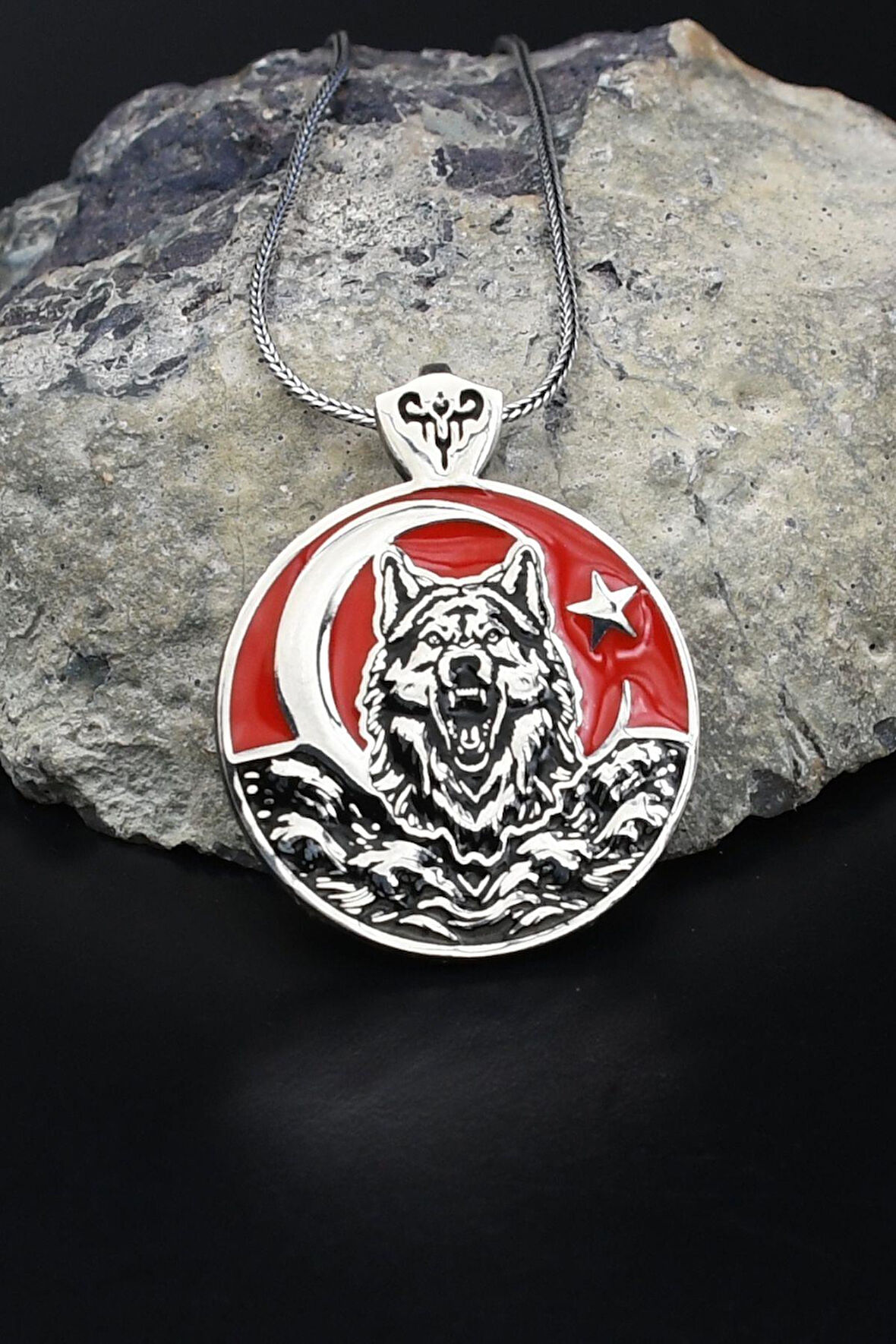 Bozkurt - Kurt - Ay Yıldızlı - Ay Yıldız Mineli 925 Ayar Gümüş Kolye Zincir 902125