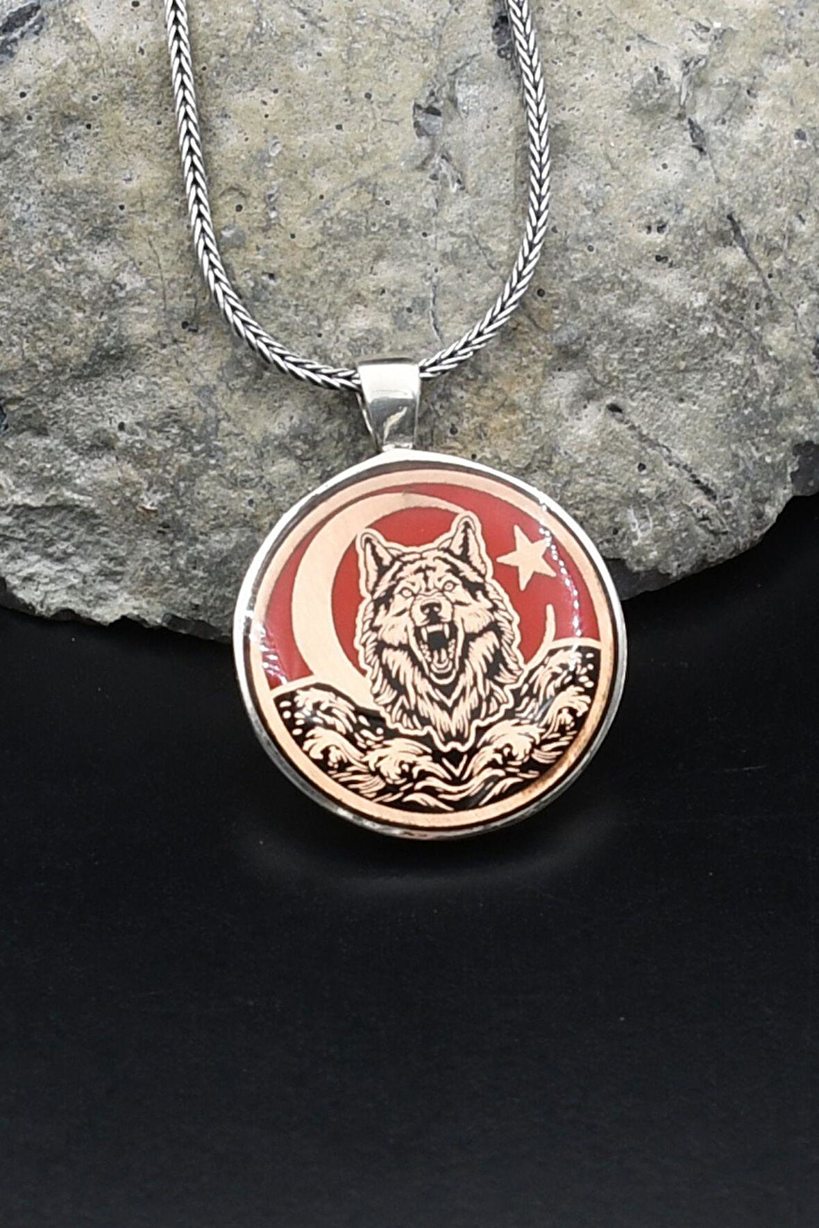 Ay Yıldızlı - Ay Yıldız - Bozkurt - Kurt Mineli 925 Ayar Gümüş Kolye Zincir 902128