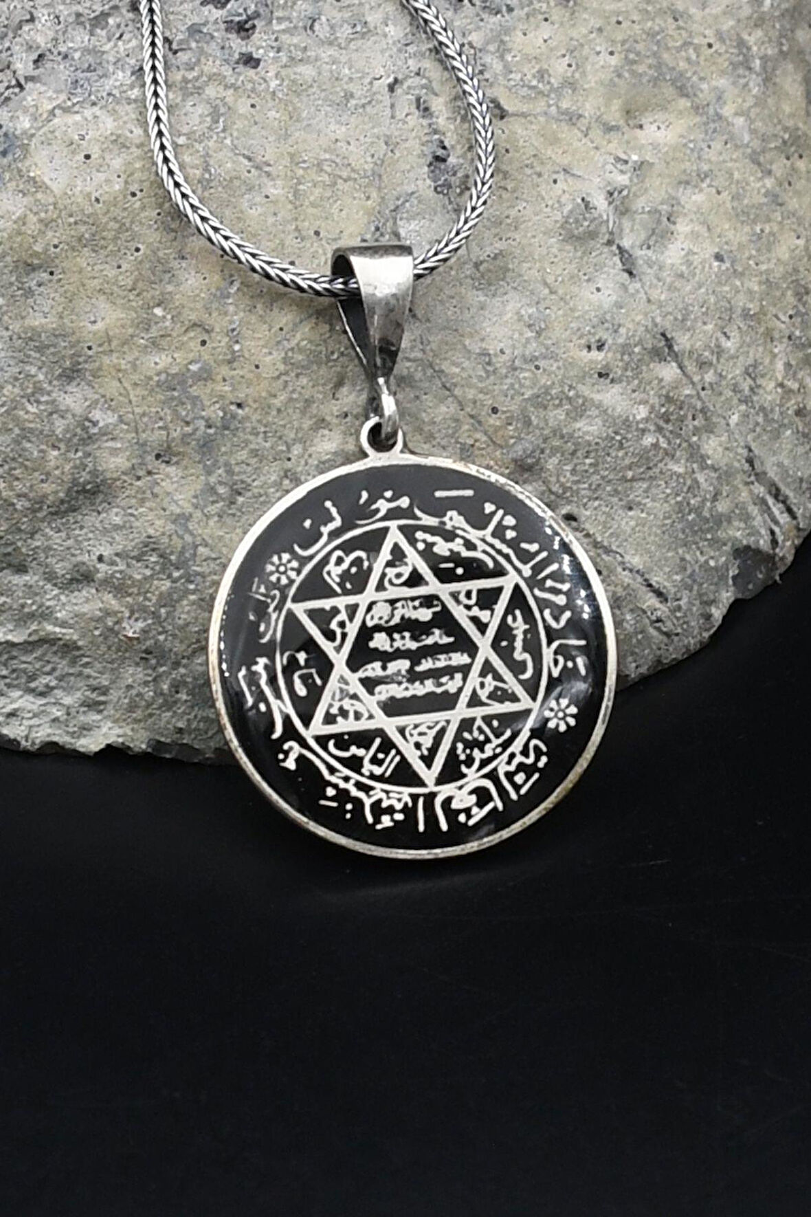 Hz. Süleyman Mührü Mineli 925 Ayar Gümüş Kolye Zincir 902130