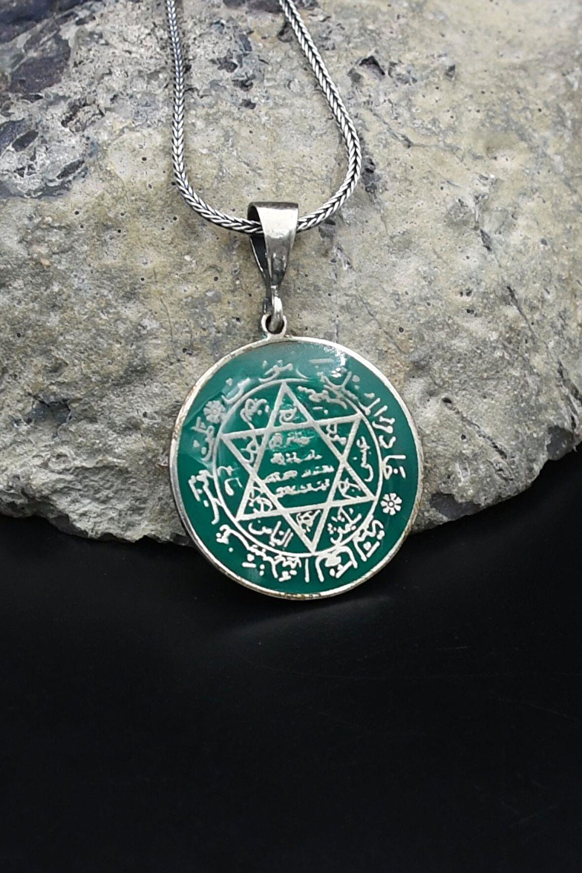 Hz. Süleyman Mührü Mineli 925 Ayar Gümüş Kolye Zincir 902133