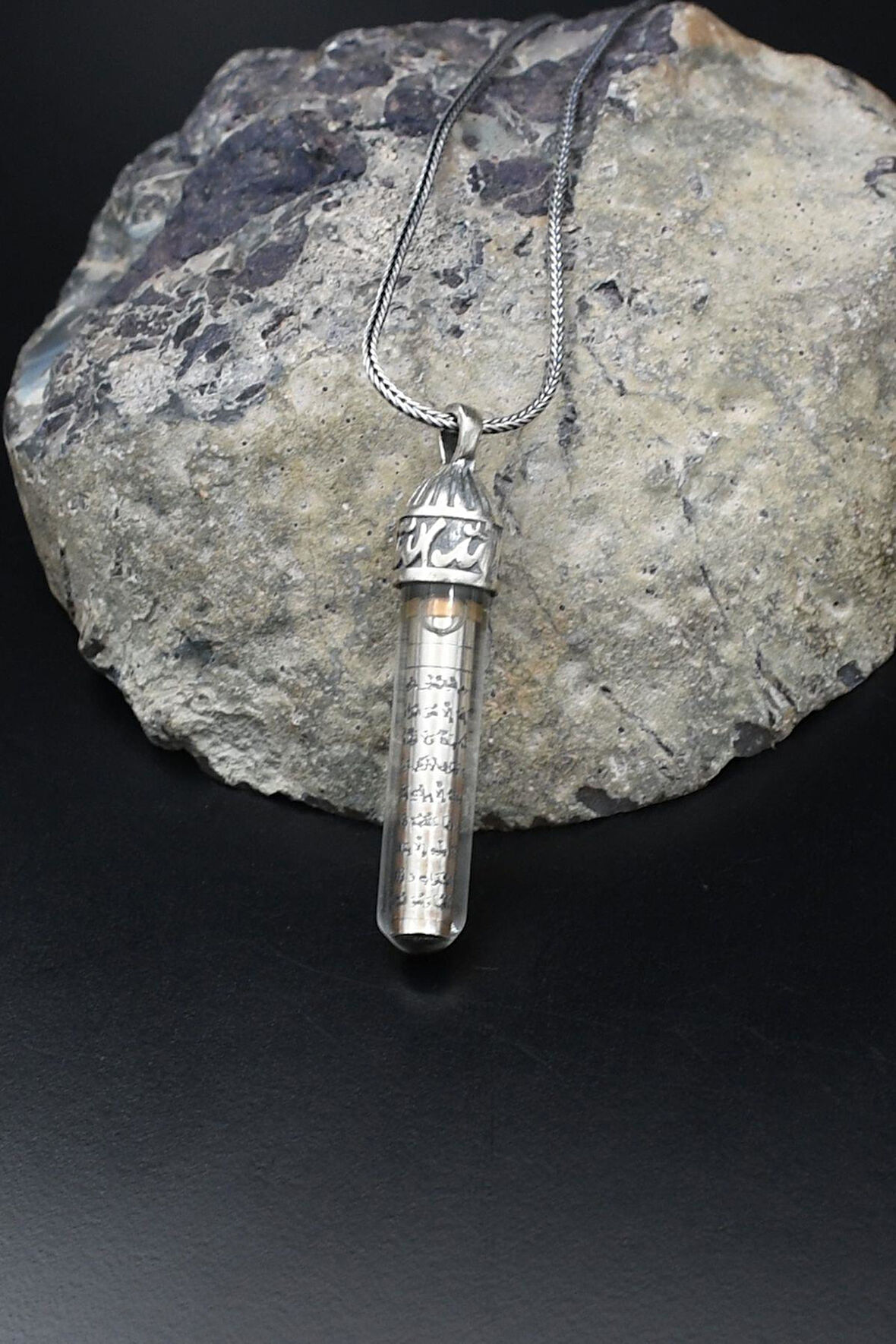 Muska Cevşen Ayetel Kürsi Yazılı  Zemzem Sulu 925 Ayar Gümüş Kolye Zincir 902137