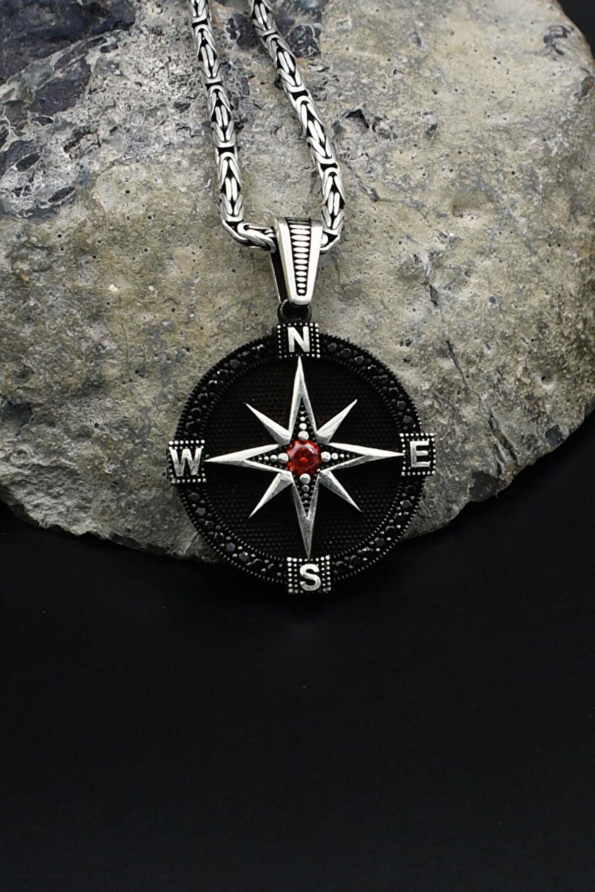 Kutup Yıldızlı Pusula 925 Ayar Gümüş Kolye Kral Zincir 2Mm 902157