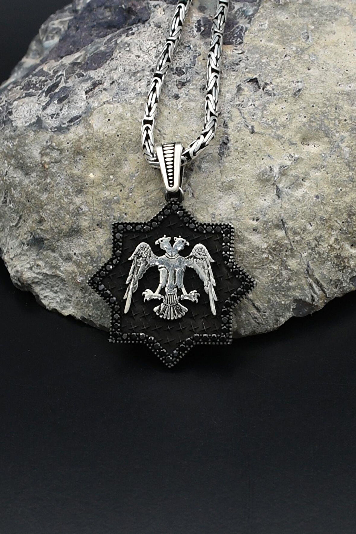 Çift Başlı Kartal - Selçuklu Kartalı - 925 Ayar Gümüş Kolye Kral Zincir 2Mm 902158