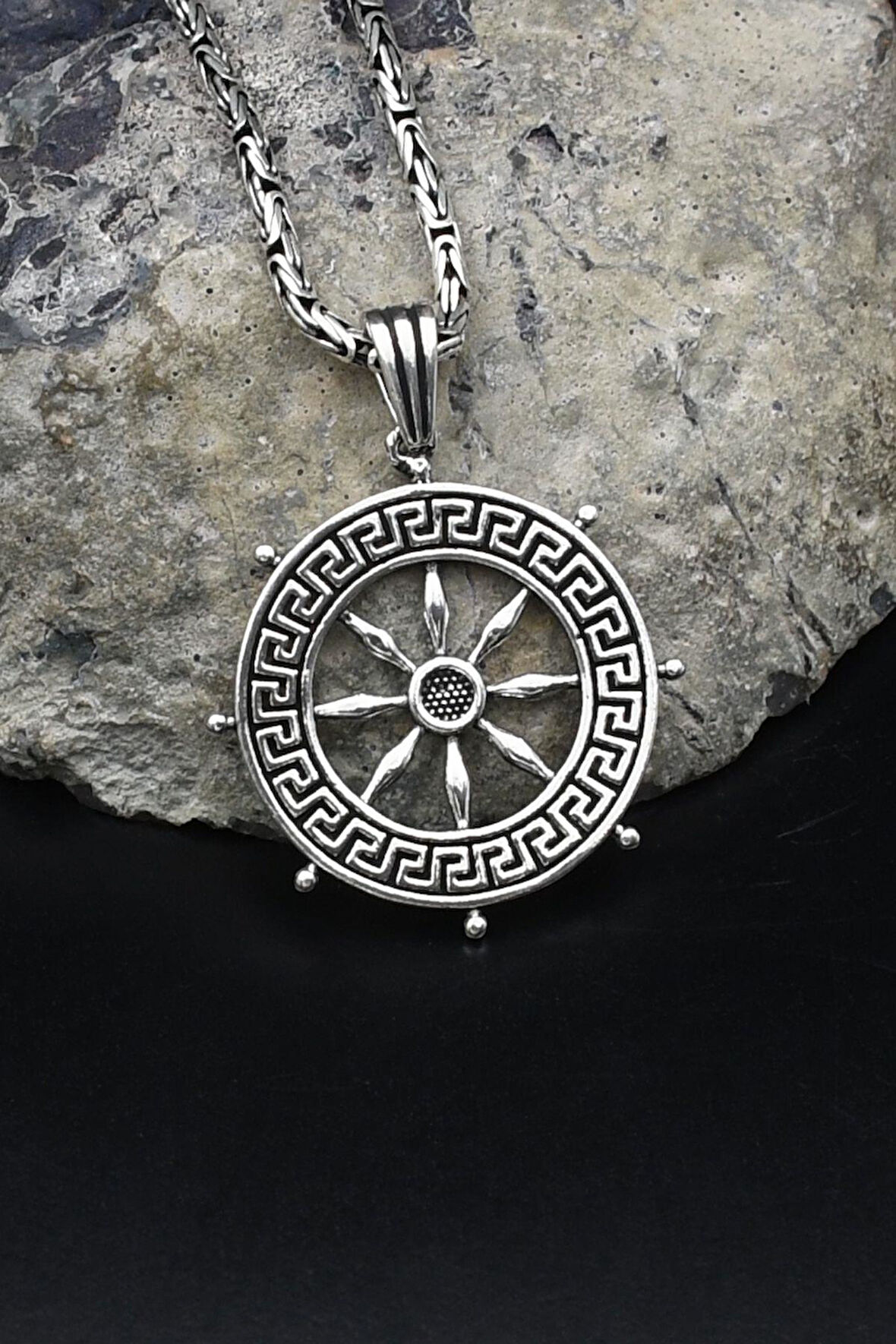 Denizci Gemi Dümeni Grek Desenli 925 Ayar Gümüş Kolye Kral Zincir 2Mm 902159