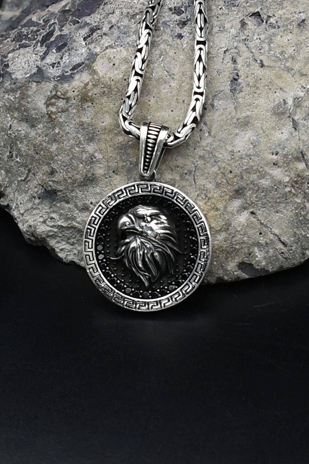 Grek Desenli Kartal Figürlü 925 Ayar Gümüş Kolye Kral Zincir 2Mm 902160