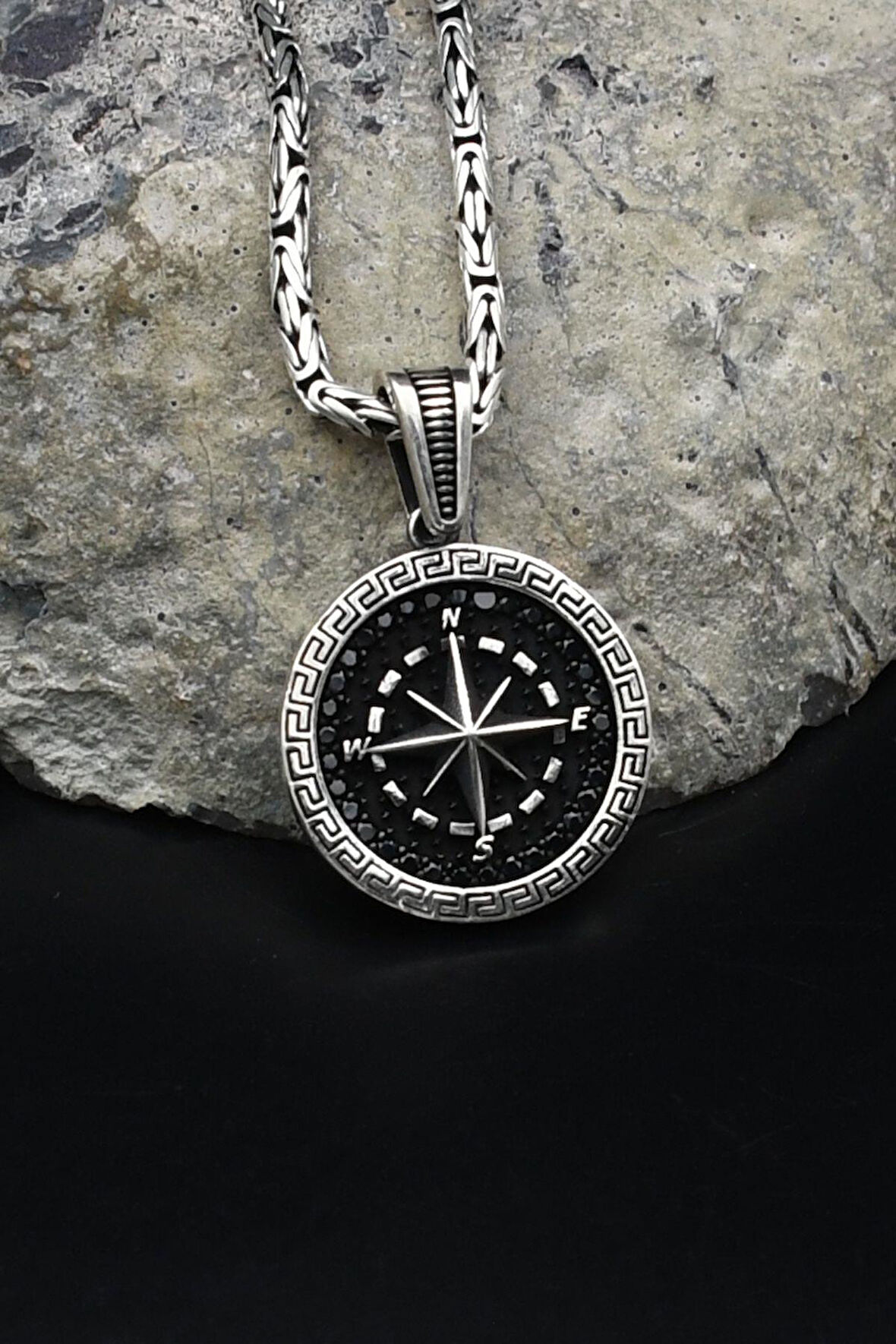 Kutup Yıldızlı Pusula Grek Desenli 925 Ayar Gümüş Kolye Kral Zincir 2Mm 902161