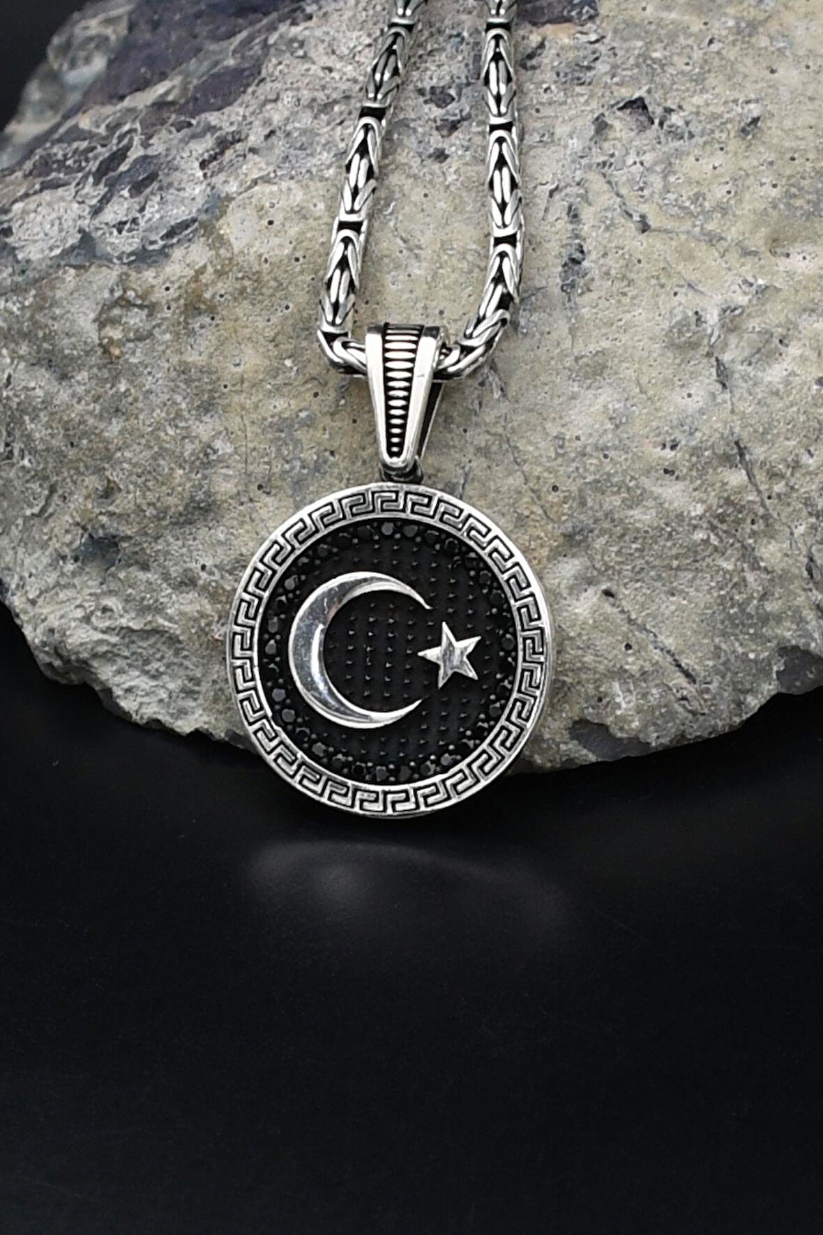 Grek Desenli Ay Yıldızlı - Ay Yıldız - 925 Ayar Gümüş Kolye Kral Zincir 2Mm 902162