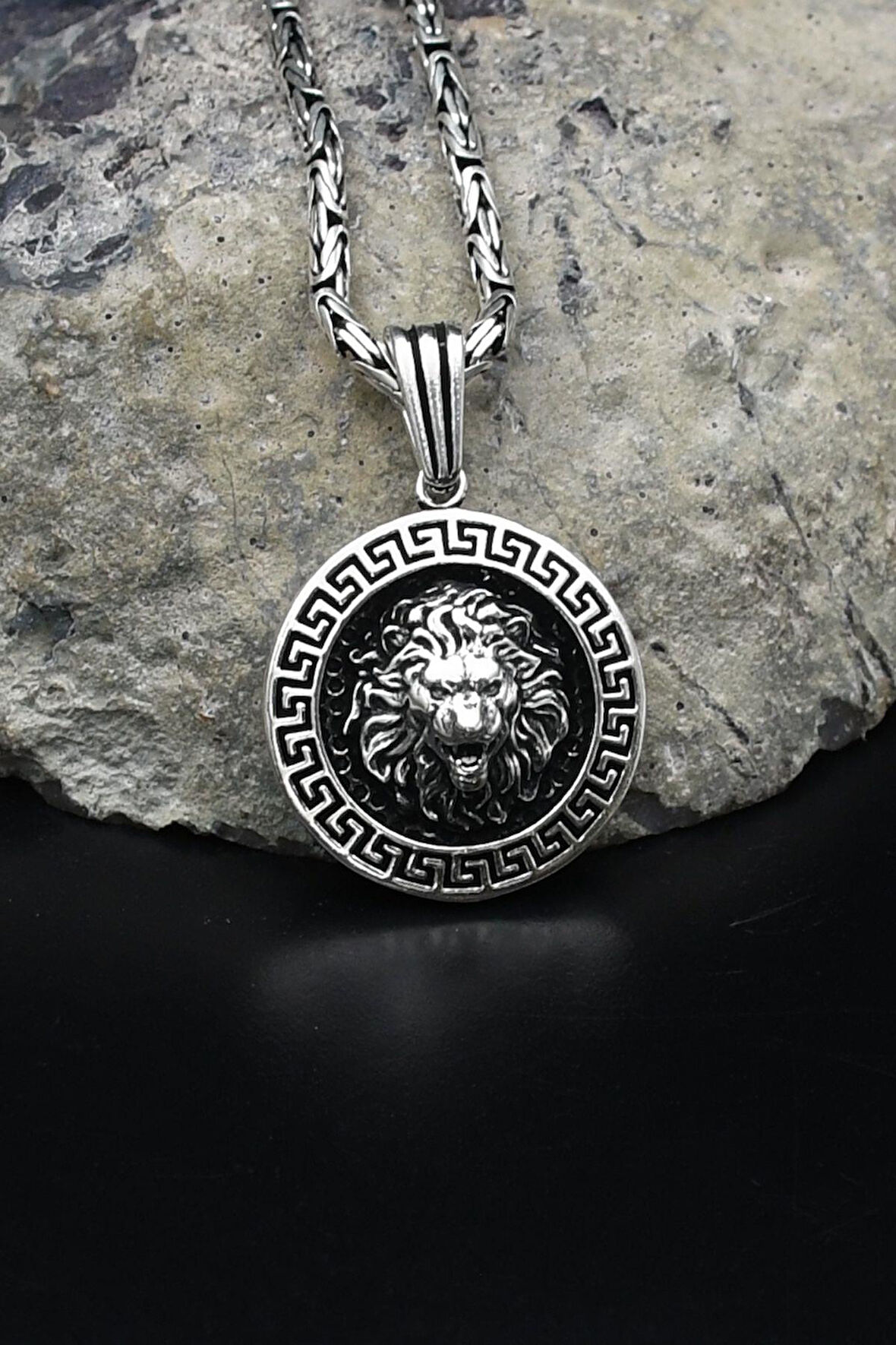 Grek Desenli Aslan Figürlü 925 Ayar Gümüş Kolye Kral Zincir 2Mm 902169