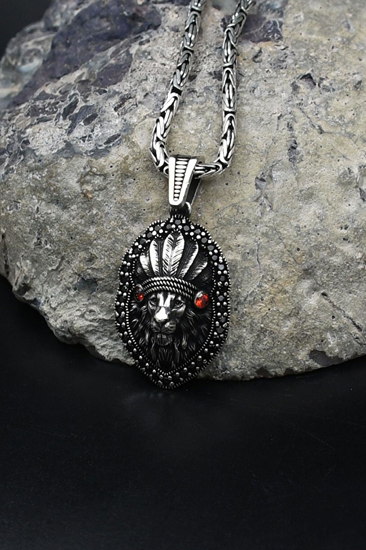 Kızılderili Aslan Figürlü 925 Ayar Gümüş Kolye Kral Zincir 2Mm 902173