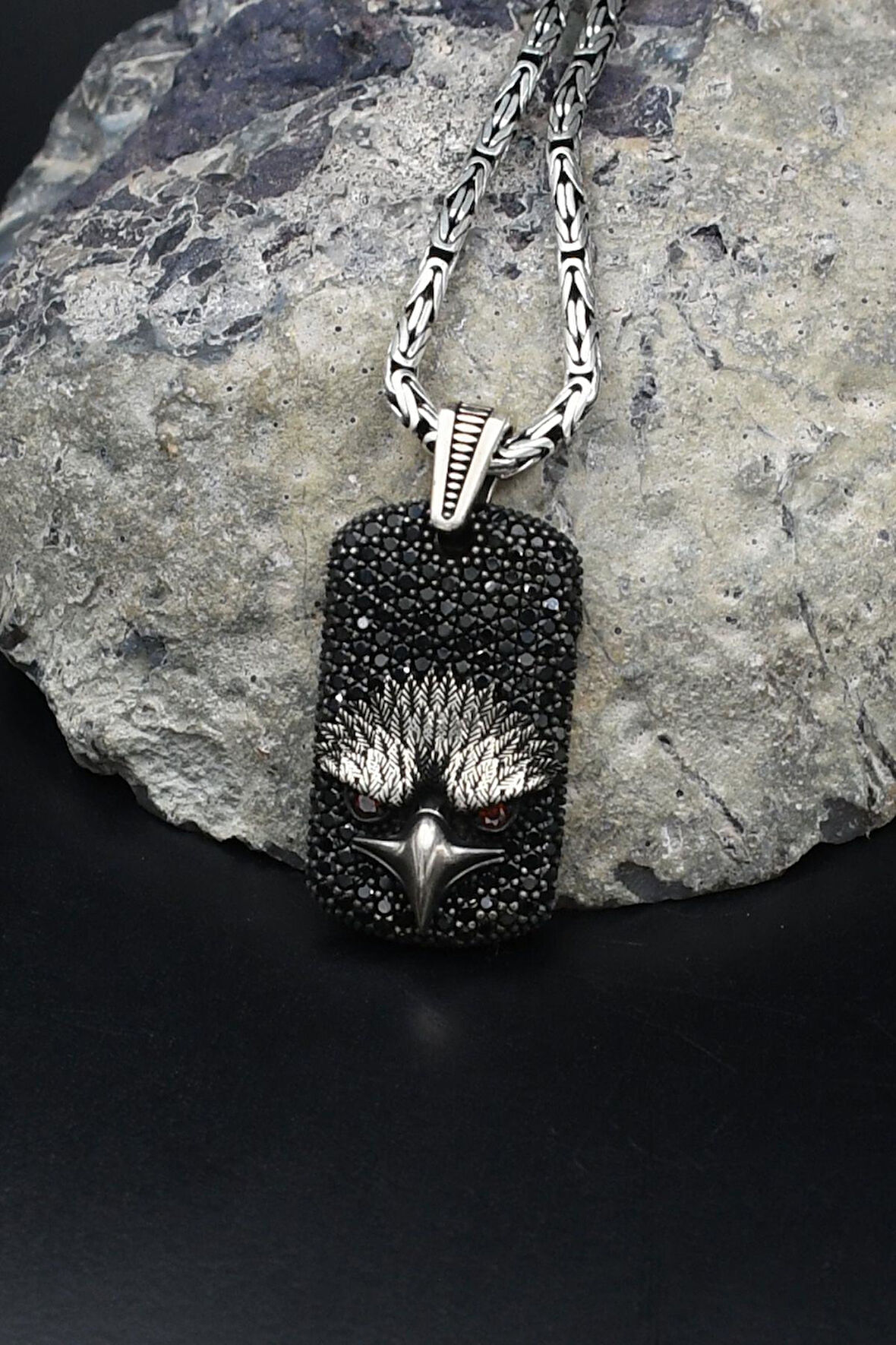 Kartal Figürlü Mikro taş Süslemeli 925 Ayar Gümüş Kolye Kral Zincir 2Mm 902174