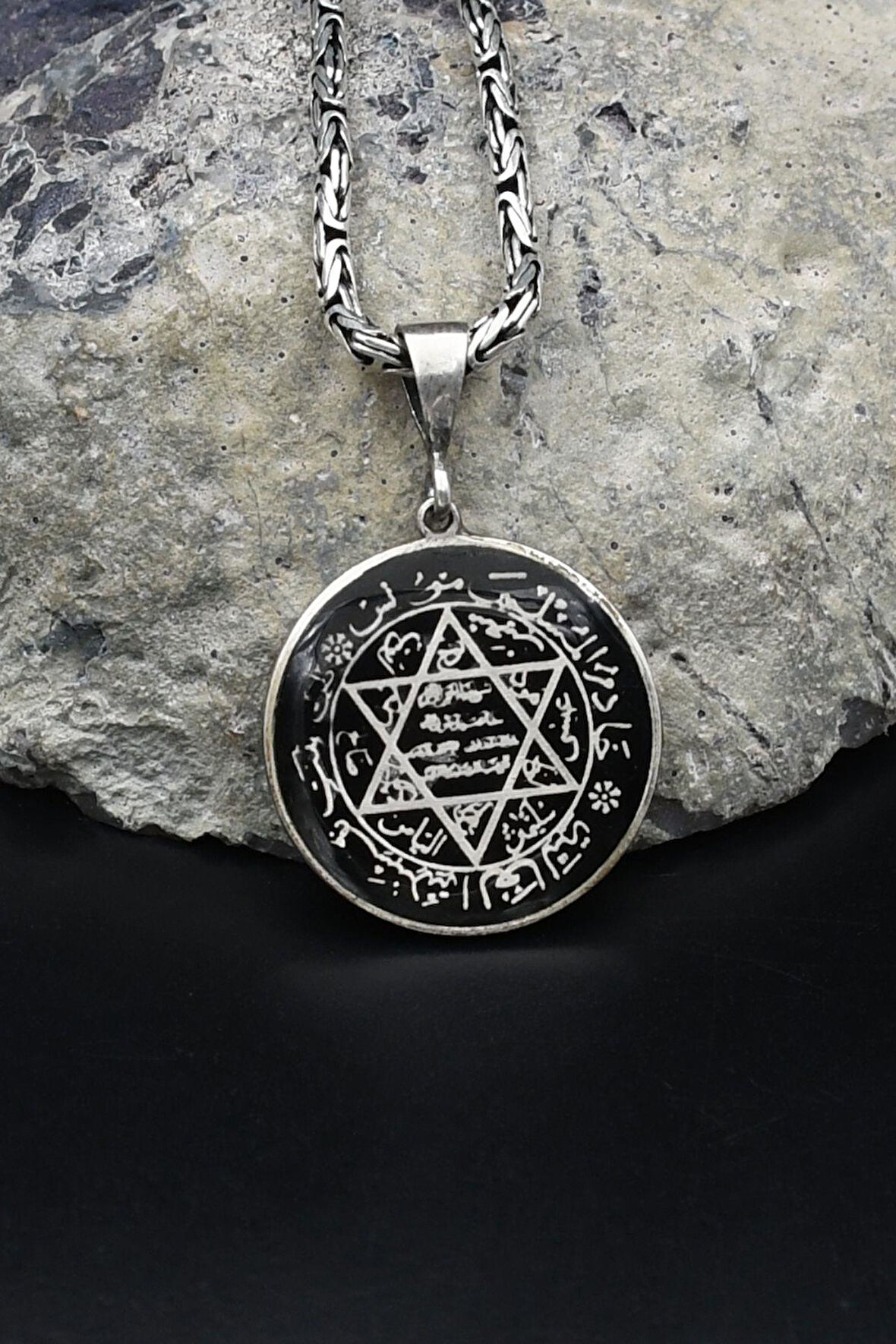 Hz. Süleyman Mührü Mineli 925 Ayar Gümüş Kolye Kral Zincir 2Mm 902185