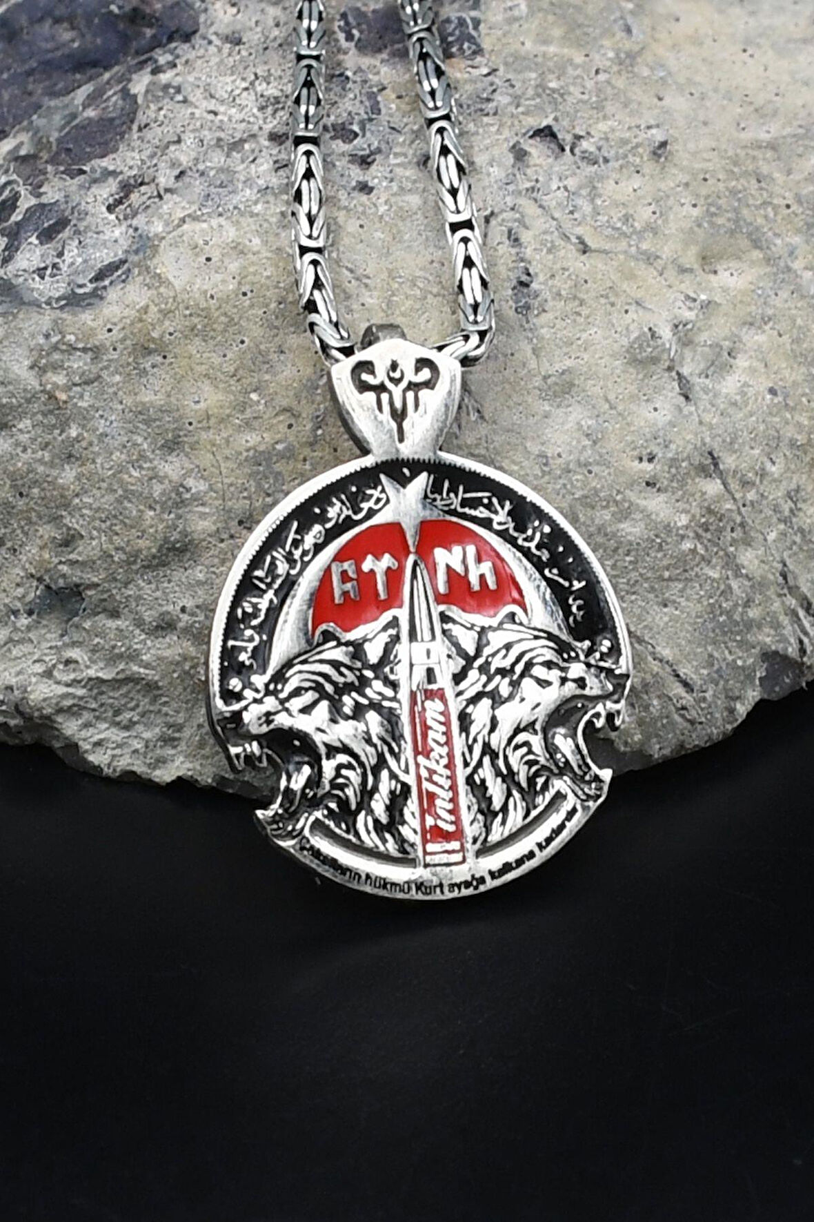 Bozkurt - Kurt - Göktürkçe Türk Yazılı Mineli 925 Ayar Gümüş Kolye Kral Zincir 2Mm 902187