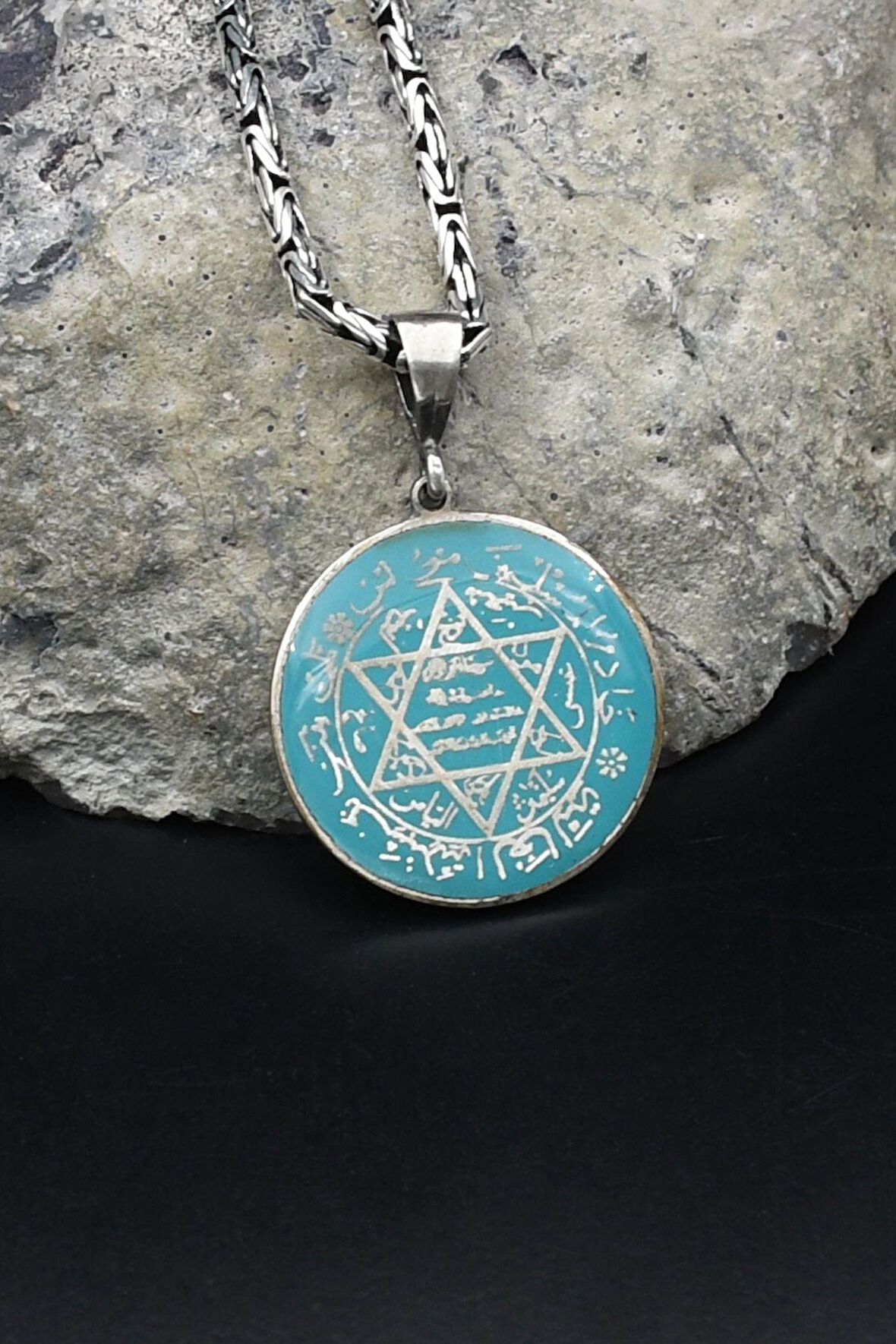 Hz. Süleyman Mührü Mineli 925 Ayar Gümüş Kolye Kral Zincir 2Mm 902189