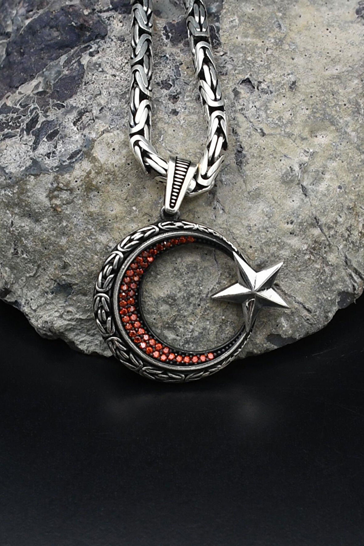 Ay Yıldız - Ay Yıldızlı Kral Zincir Desenli 925 Ayar Gümüş Kolye Kral Zincir 4 Mm 902194