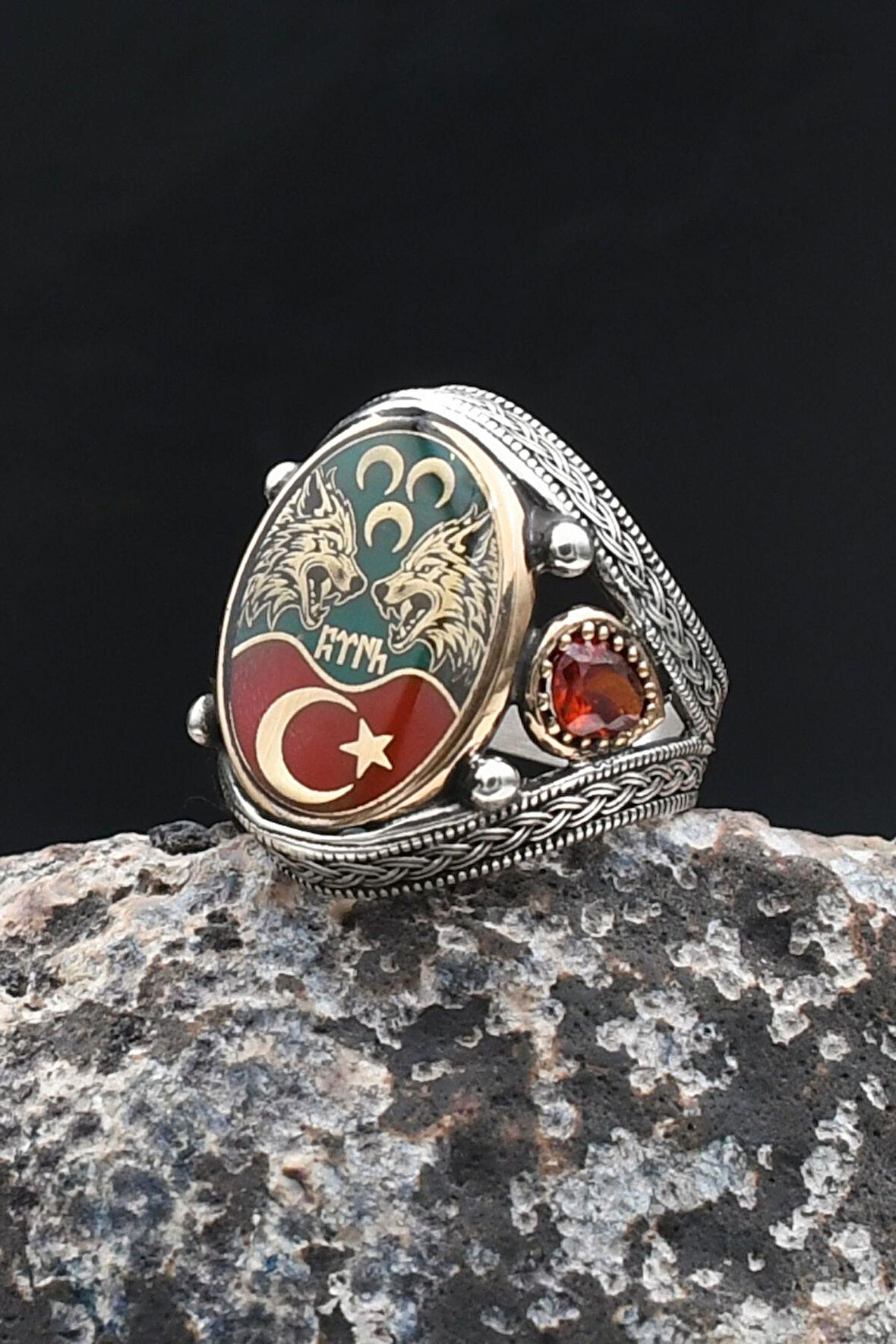 Ay Yıldızlı - Üç Hilal - Bozkurt Göktürkçe Türk Yazılı 925 Ayar Gümüş Yüzük Mineli 902204