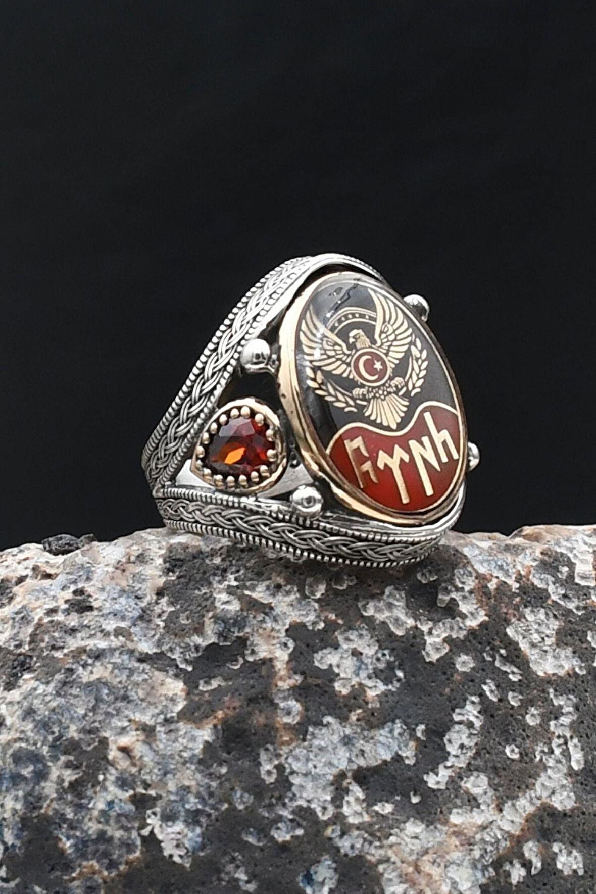 Ay Yıldızlı Kartal Figürlü - Göktürkçe Türk Yazılı 925 Ayar Gümüş Yüzük 902205