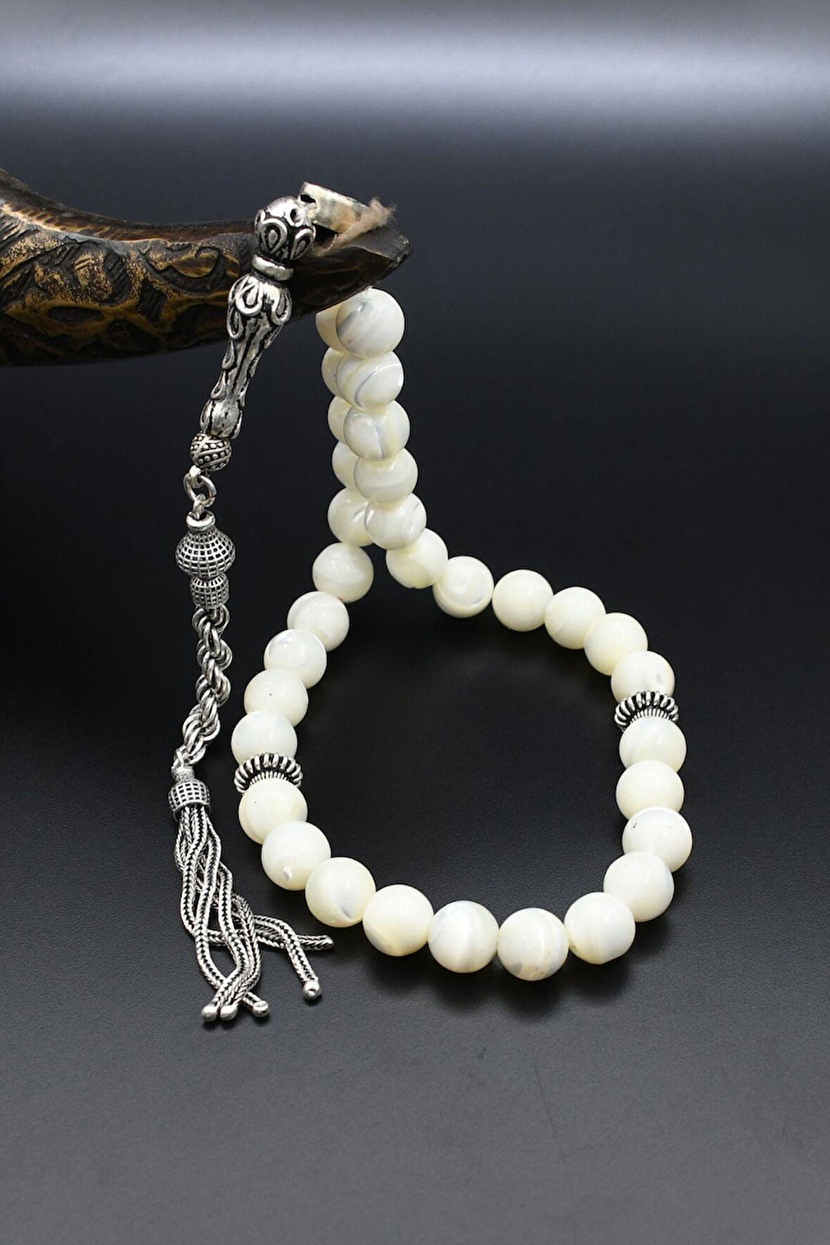 Doğal Sedef Taşlı 33'lük Tesbih 925 Ayar Gümüş Püsküllü 10mm Küre Kesim 902218