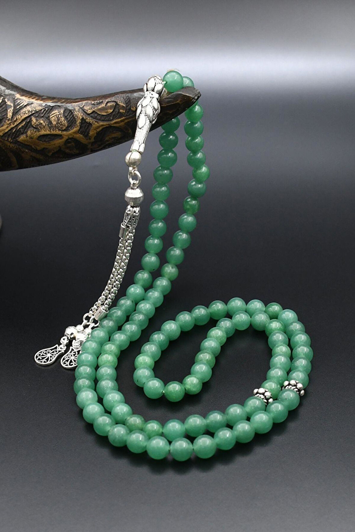 Yeşil Akik Taşlı 99'lük Tesbih Doğal 925 Ayar Gümüş Püsküllü 6 mm Küre Kesim 902226