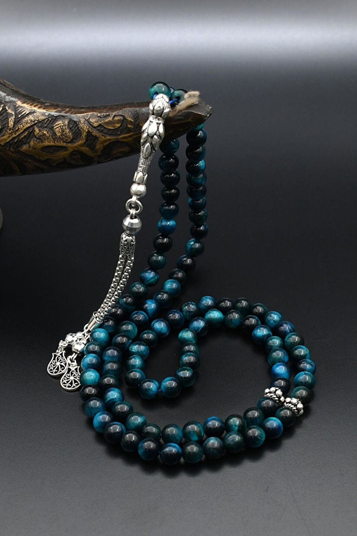 Mavi Kaplan Gözü Taşlı 99'lük Tesbih Doğal 925 Ayar Gümüş Püsküllü 6 mm Küre Kesim 902228